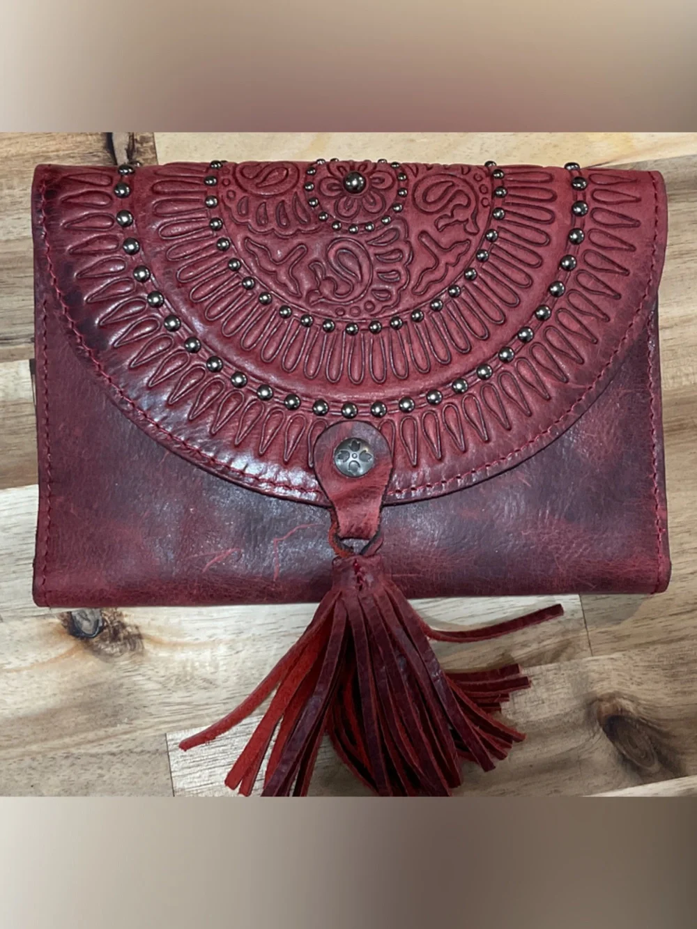 Patricia Nash Deep rustic  Red Embossed Leather Tri-Fold Wallet Belt Bag